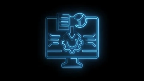 Glowing blue neon computer icon with gear and data visualization symbol rep.. Stock Footage 314557387