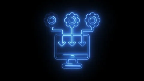Glowing blue neon computer icon with gears and arrows symbolizing data proc.. Stock Footage 314712993