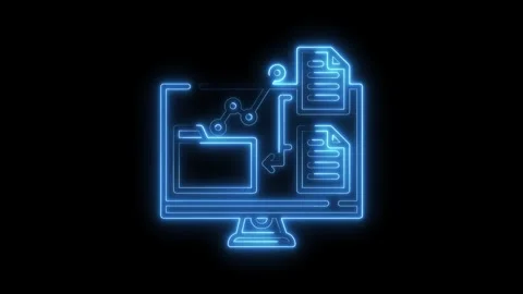 Glowing Blue Neon Computer Icon Data Transfer Folder Document Flow Abstract.. Stock Footage 315654759