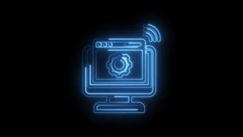 Glowing blue neon computer icon with wifi signal and gear symbol representing Stock-Footage 333956144
