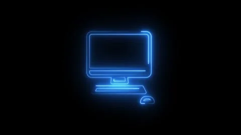 Glowing blue neon computer icon on black background Stock Footage 345803322