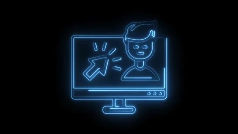 Glowing blue neon computer screen displaying a person icon with a cursor cl.. Stock Footage 314557174