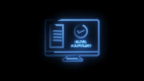 Glowing blue neon computer screen displaying order confirmed with checkmark.. Stock Footage 314572674
