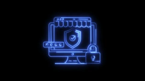 Glowing blue neon computer screen displaying secure shield with checkmark a.. Stock Footage 314709761
