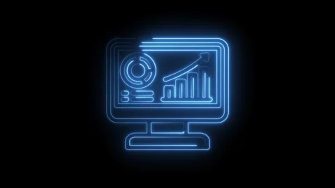 Glowing blue neon computer screen displaying financial charts and graphs with 스톡 동영상 333959151