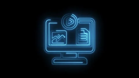 Glowing blue neon computer screen displaying play button image icon and doc.. Stock Footage 346122997