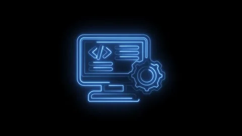 Glowing blue neon computer screen with code symbols and gear icon represent.. Stock Footage 346827118
