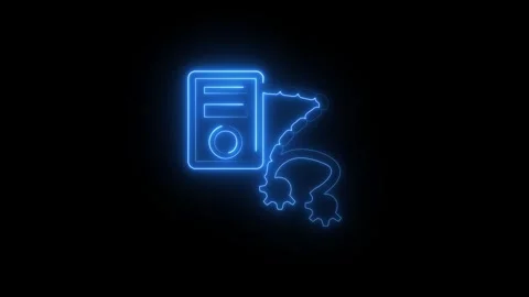 Glowing blue neon computer tower icon on black background Stock Footage 345626668