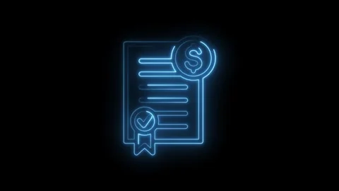 Glowing blue neon contract document with dollar sign and checkmark icon Stock Footage 333954515