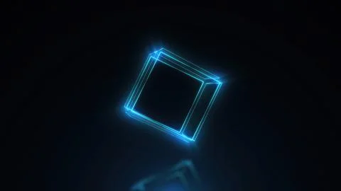 Glowing blue neon cube reflecting on dark surface 스톡 일러스트
