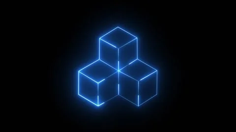 Glowing blue neon cubes on black screen, blockchain network concept 4k loop Stock Footage 345259588