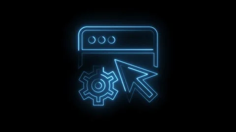 Glowing blue neon cursor and gear icon interface settings concept on black .. Stock Footage 314551561