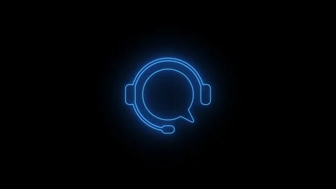 Glowing blue neon customer care headset outline art background. 4k video Видео 345259955