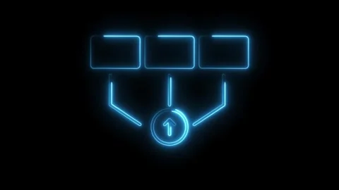 Glowing blue neon data flow chart with upload arrow on black background Stock Footage 308712856
