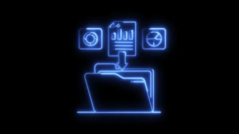 Glowing blue neon data transfer icon with charts and folder on black backgr.. Stock Footage 314710949