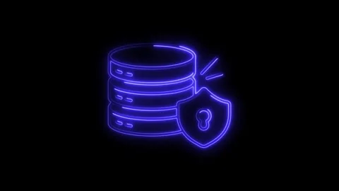 Glowing blue neon database server icon with shield and keyhole symbol on bl.. Stock Footage 314701931