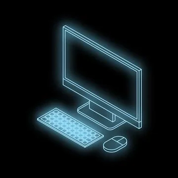 Glowing blue neon desktop computer with keyboard and mouse on black backgroun Stock Illustration