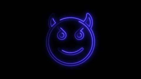Glowing blue neon devil emoji icon with horns and mischievous smile on blac.. Stock Footage 314707895