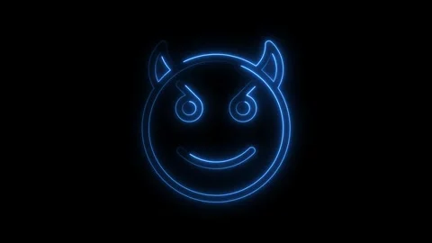 Glowing blue neon devil emoji icon with horns and mischievous smile animate.. Stock Footage 314707903