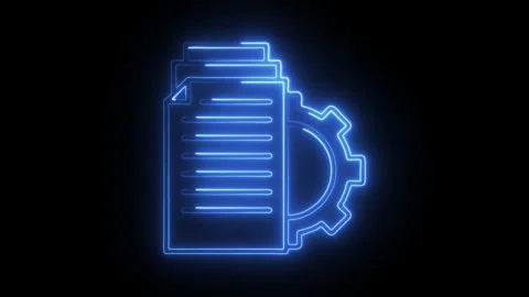 Glowing blue neon document and gear icon symbolizing data processing techno.. Stock Footage 314712604