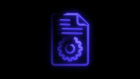 Glowing blue neon document with gear icon symbolizing settings configuratio.. Stock Footage 314700092