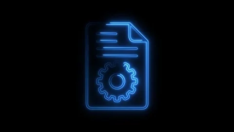 Glowing blue neon document with gear icon on black background representing .. Stock Footage 314700111