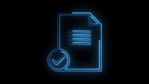 Glowing blue neon document icon with checkmark symbol isolated on black bac.. Stock Footage 314573956