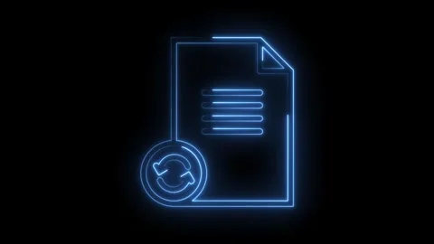 Glowing blue neon document icon with refresh symbol animation on black back.. Stock Footage 314574016