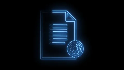 Glowing blue neon document icon with gear symbol signifying settings or con.. Stock Footage 314574064