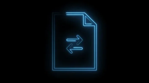 Glowing blue neon document icon with bidirectional arrows symbolizing data .. Stock Footage 314574118