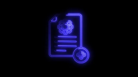 Glowing blue neon document icon with gear and plus symbol on black backgrou.. Stock Footage 314700414