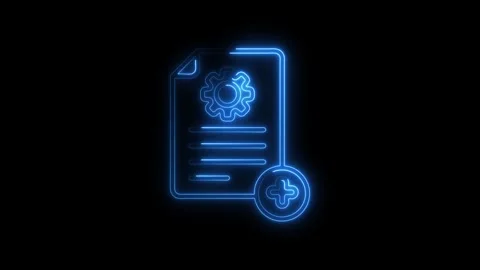 Glowing blue neon document icon with gear and plus symbol on black backgrou.. Stock Footage 314700418