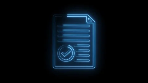 Glowing blue neon document icon with checkmark and progress bars on black Stock Footage 333957680