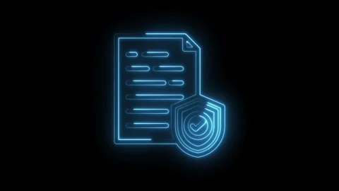 Glowing blue neon document with shield and checkmark icon symbolizing secure Stock Footage 333954997