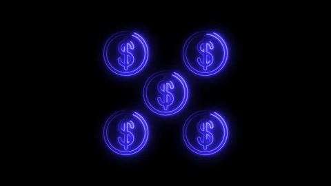 Glowing blue neon dollar coin icons arranged in a pattern on a black backgr.. Stock Footage 314707734