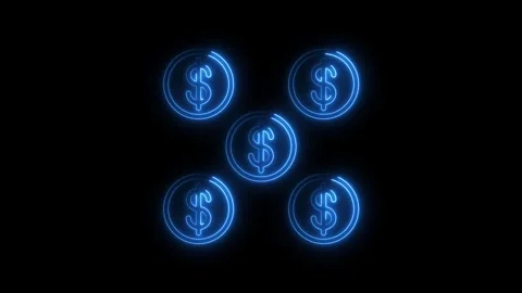 Glowing blue neon dollar coin icons arranged in a circular pattern on a bla.. Stock Footage 314707743