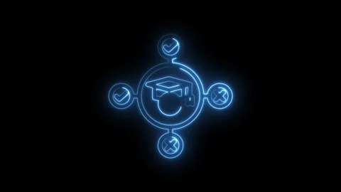 Glowing blue neon education concept icon with graduation cap checkmarks and Stock Footage 333957251