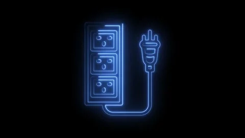 Glowing blue neon electric plug connected to a triple socket outlet on a da.. Stock Footage 315495679