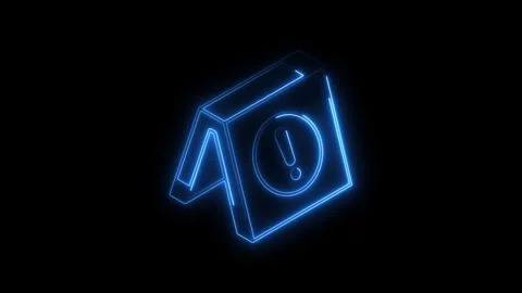 Glowing blue neon exclamation mark icon on a black background representing .. Stock Footage 314703572