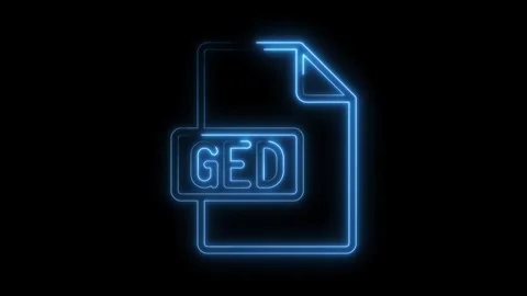 Glowing blue neon file icon with G E D text on transparent black background.. Stock Footage 314556810