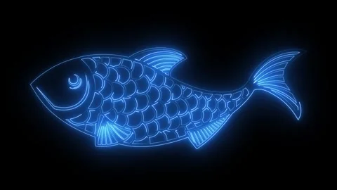 Glowing blue neon fish icon on a dark black background 库存影片 346365498