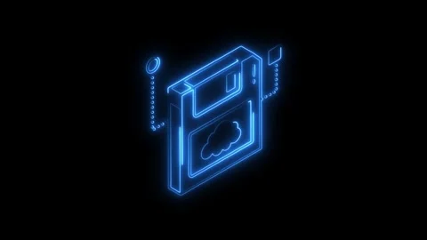 Glowing blue neon floppy disk icon with cloud symbol and digital data strea.. Stock Footage 314702736