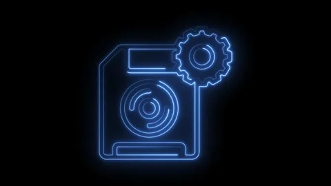 Glowing blue neon floppy disk icon with gear symbol representing data stora.. Stock Footage 315497300