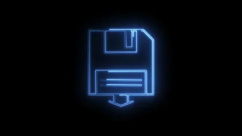 Glowing blue neon floppy disk save icon with download arrow animation on bl.. Stock Footage 315498615