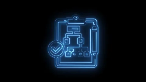 Glowing blue neon flowchart on clipboard with checkmark icon representing s.. Stock Footage 346103975