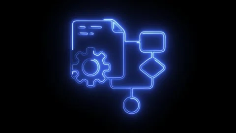 Glowing blue neon flowchart icon with gear and document symbols representin.. Stock Footage 314713607