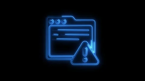 Glowing blue neon folder icon with warning alert symbol on black background.. Stock Footage 314702113
