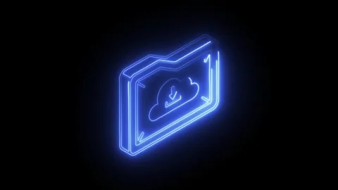 Glowing blue neon folder icon with cloud download symbol animated on black .. Video stock 314711151