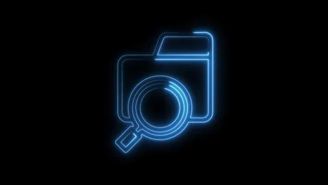 Glowing blue neon folder with magnifying glass icon animation on black back.. Stock Footage 312316950