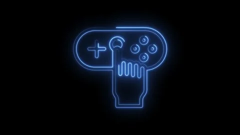 Glowing blue neon game controller icon with finger pressing button on black.. Stock Footage 315497708